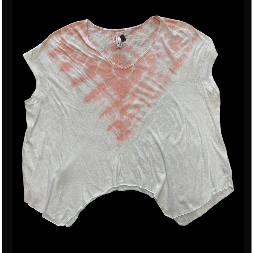 Tie-Dye V-Neck Short Sleeve Tee - White with Coral Accent